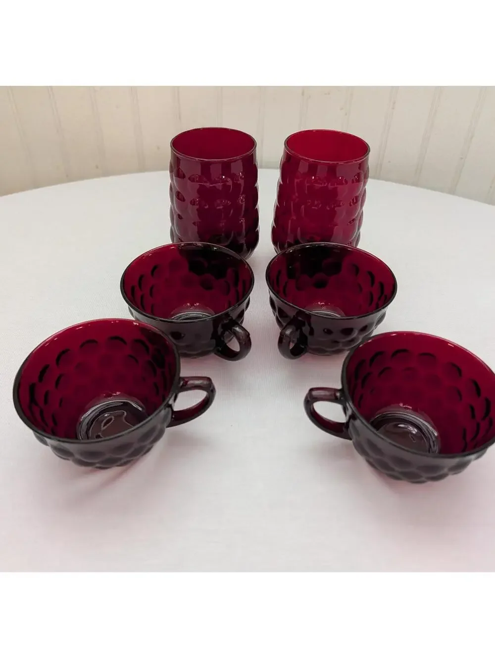 Vintage Anchor Hocking Ruby Red BubbleGlass Cups and Mugs Set